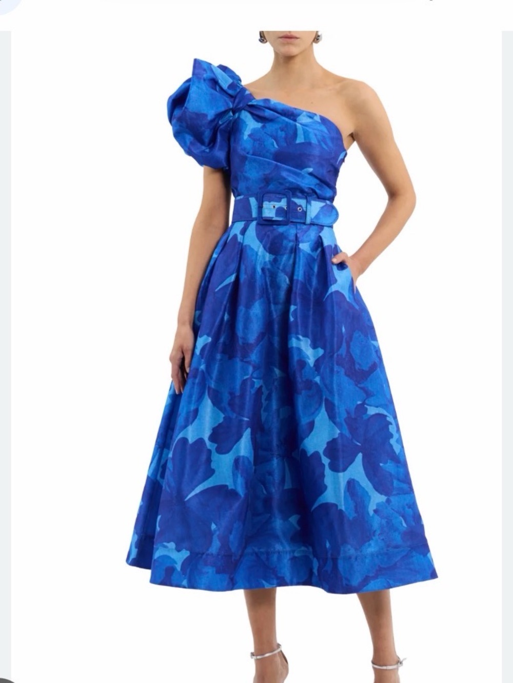 Rebecca Vallance One-Shoulder Royal & Cobalt Blue Floral Midi Dress